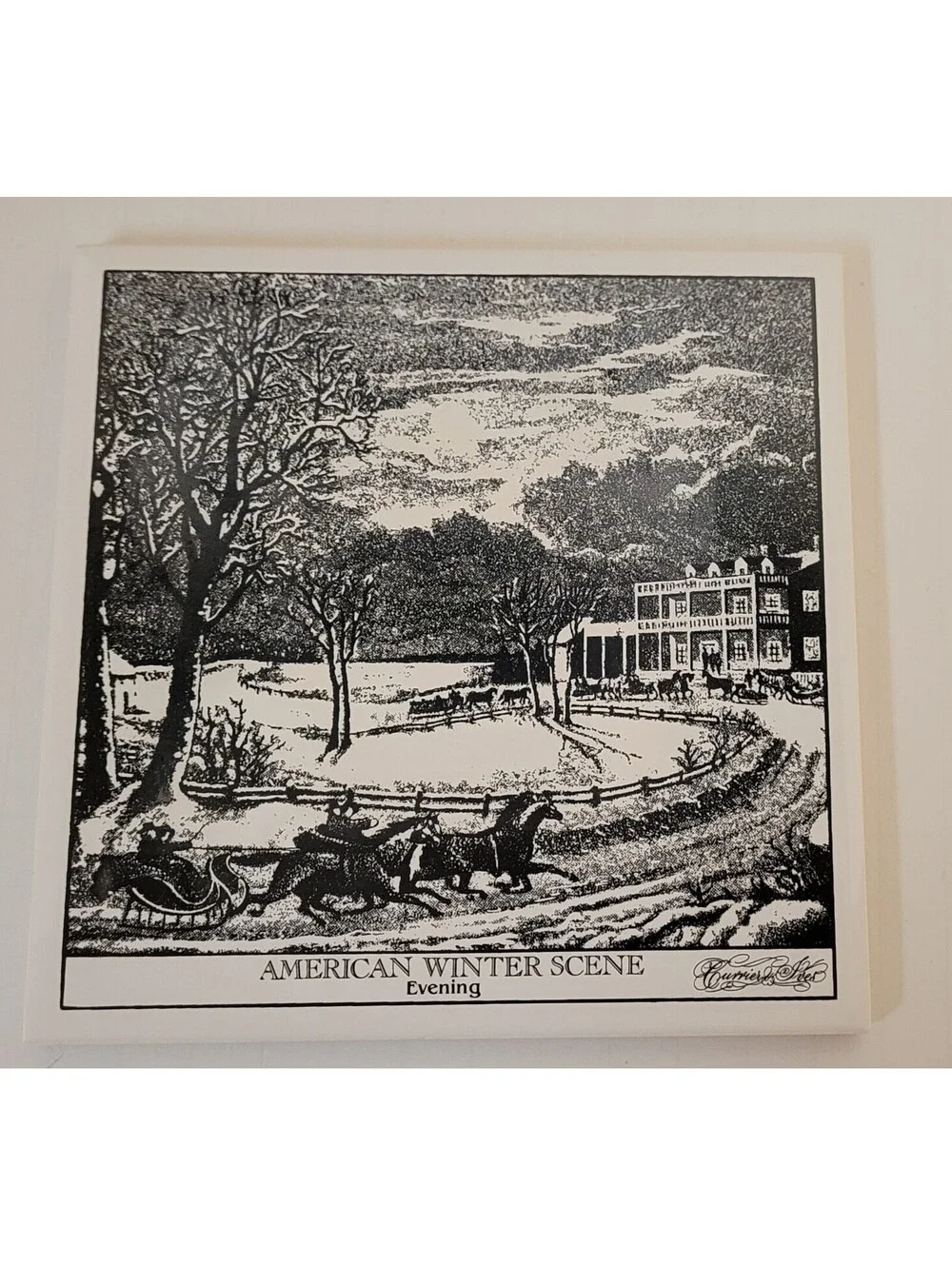 Vintage Currier and Ives American Winter Scene Ceramic Tile Trivet - 6x6